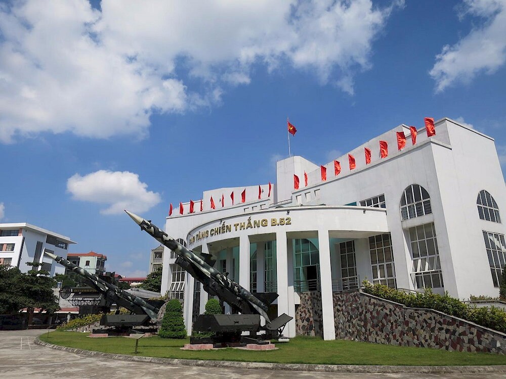The entrance of the B-52 Victory Museum features an impressive display of two SAM-2 missile launchers of Battalion 72, Regiment 285